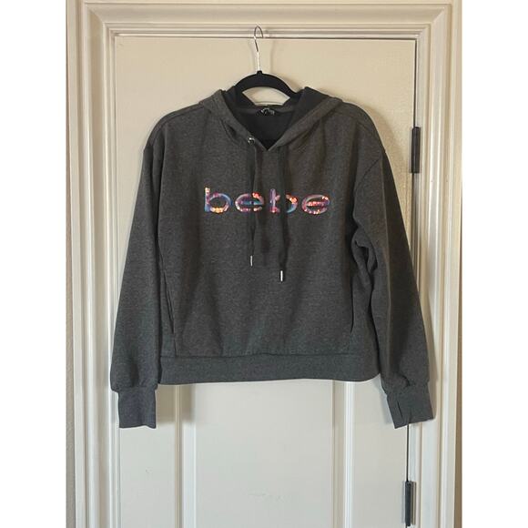 BEBE Charcoal Sequin Hoodie Pockets Size Large - Picture 3 of 8